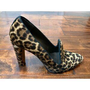 Stuart Weitzman Black & Tan Leopard Print Calf Hair Loafer Heels, Size 9